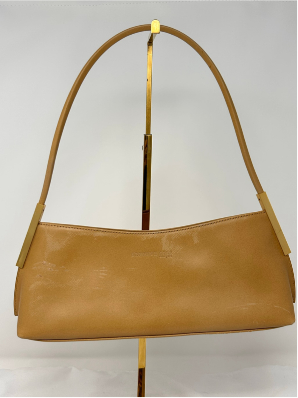 Vintage Kenneth Cole New York Leather Shoulder Bag Tan Beige Gold